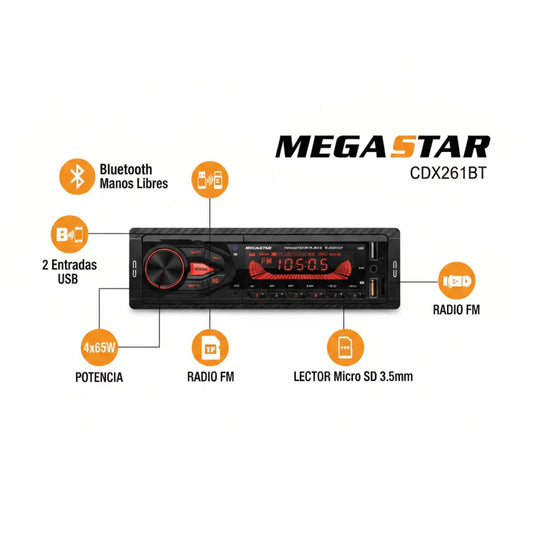 Radio Automotriz MegaStar CDX261BT 4 de 65 watts con Bluetooth USB