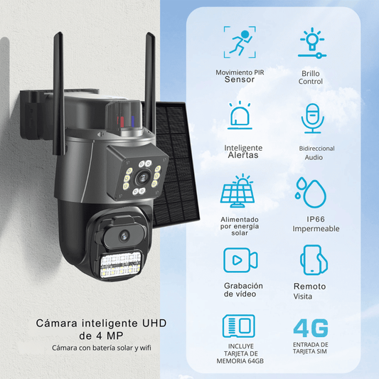 Cámara Solar Exterior ICSee 4MP HD WiFi IP66 4G con Doble Lente