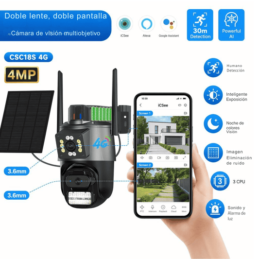 Cámara Solar Exterior ICSee 4MP HD WiFi IP66 4G con Doble Lente