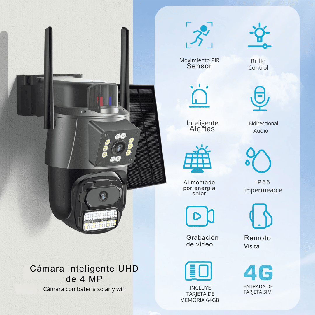 Cámara Solar Exterior ICSee 4MP HD WiFi IP66 4G con Doble Lente