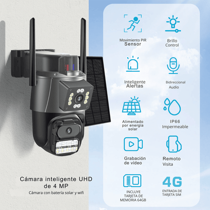 Cámara Solar Exterior ICSee 4MP HD WiFi IP66 4G con Doble Lente