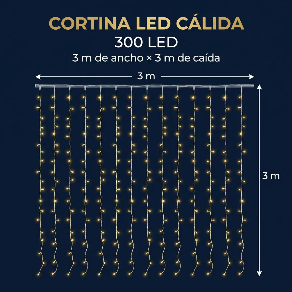 Cortina de Luces LED Cálidas 300 LED – 3 × 3 mts