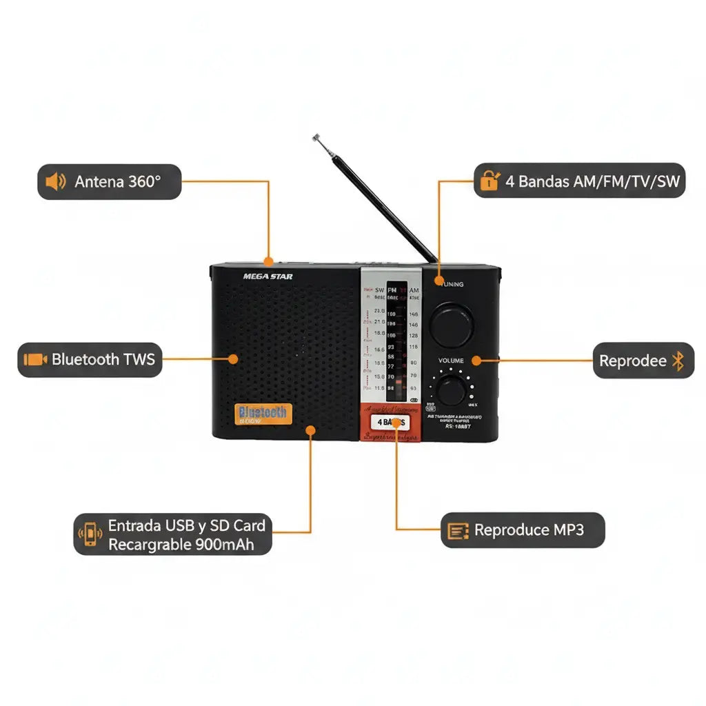 Radio Portátil MegaStar RX188BTA  4 Bandas, Bluetooth TWS