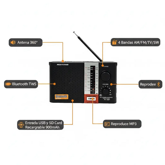Radio Portátil MegaStar RX188BTA  4 Bandas, Bluetooth TWS