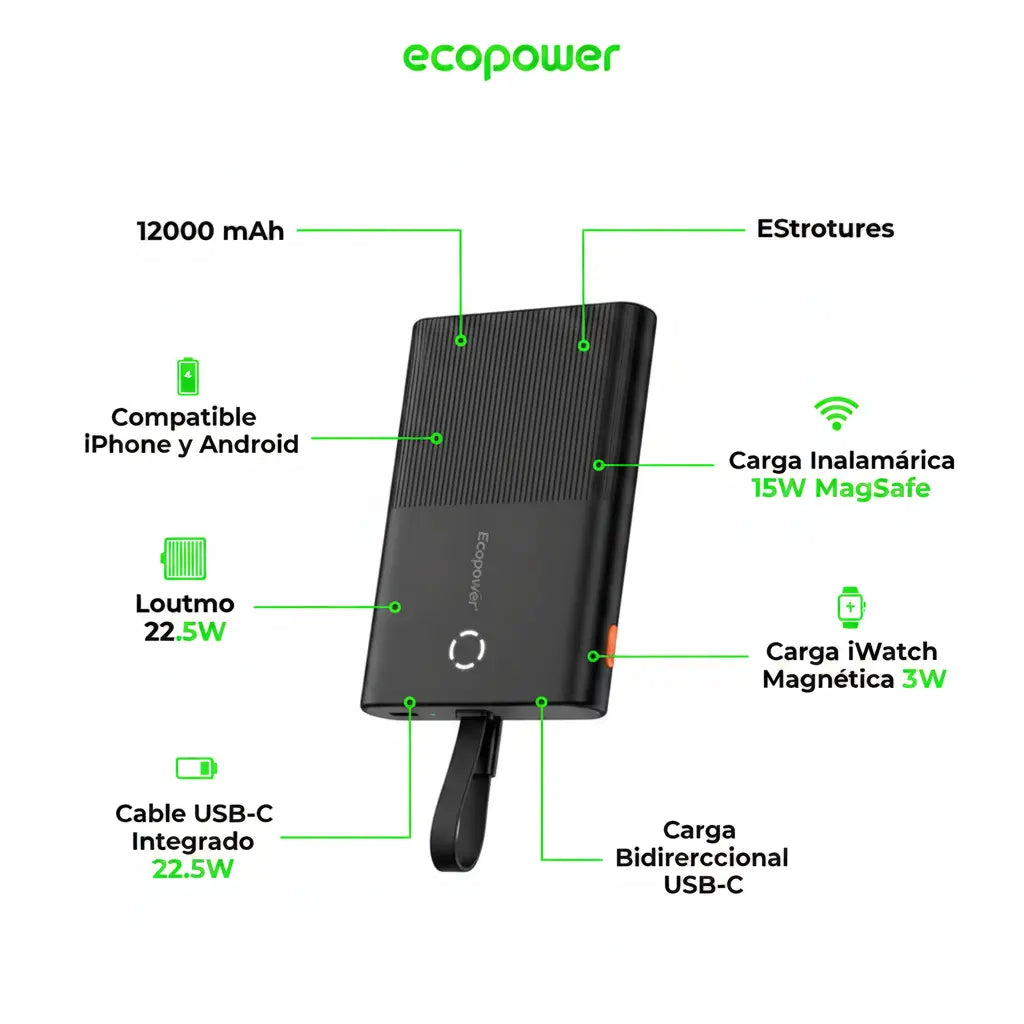Power Bank Ecopower EP-C528 12000 mAh magsafe inalambrico