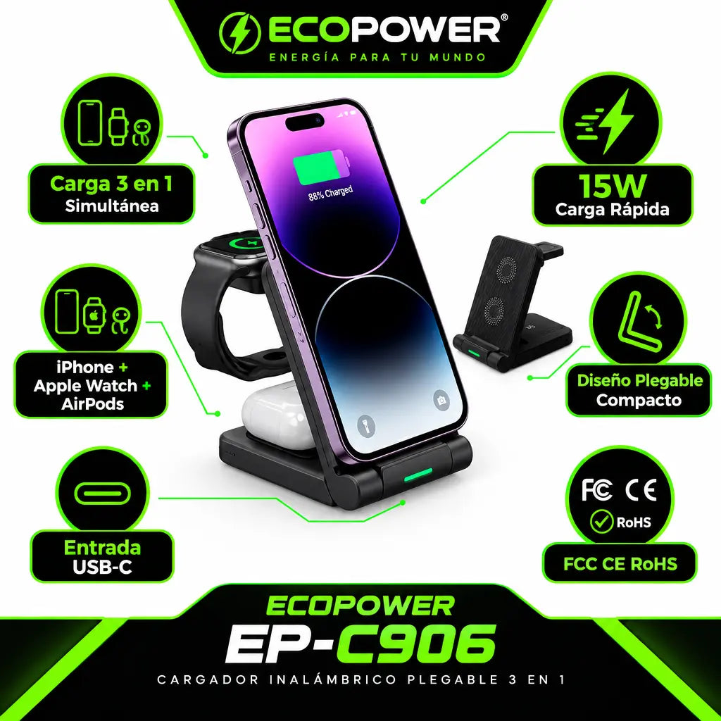 Cargador Inalámbrico 3 en 1 Ecopower EP-C906  Plegable 15W